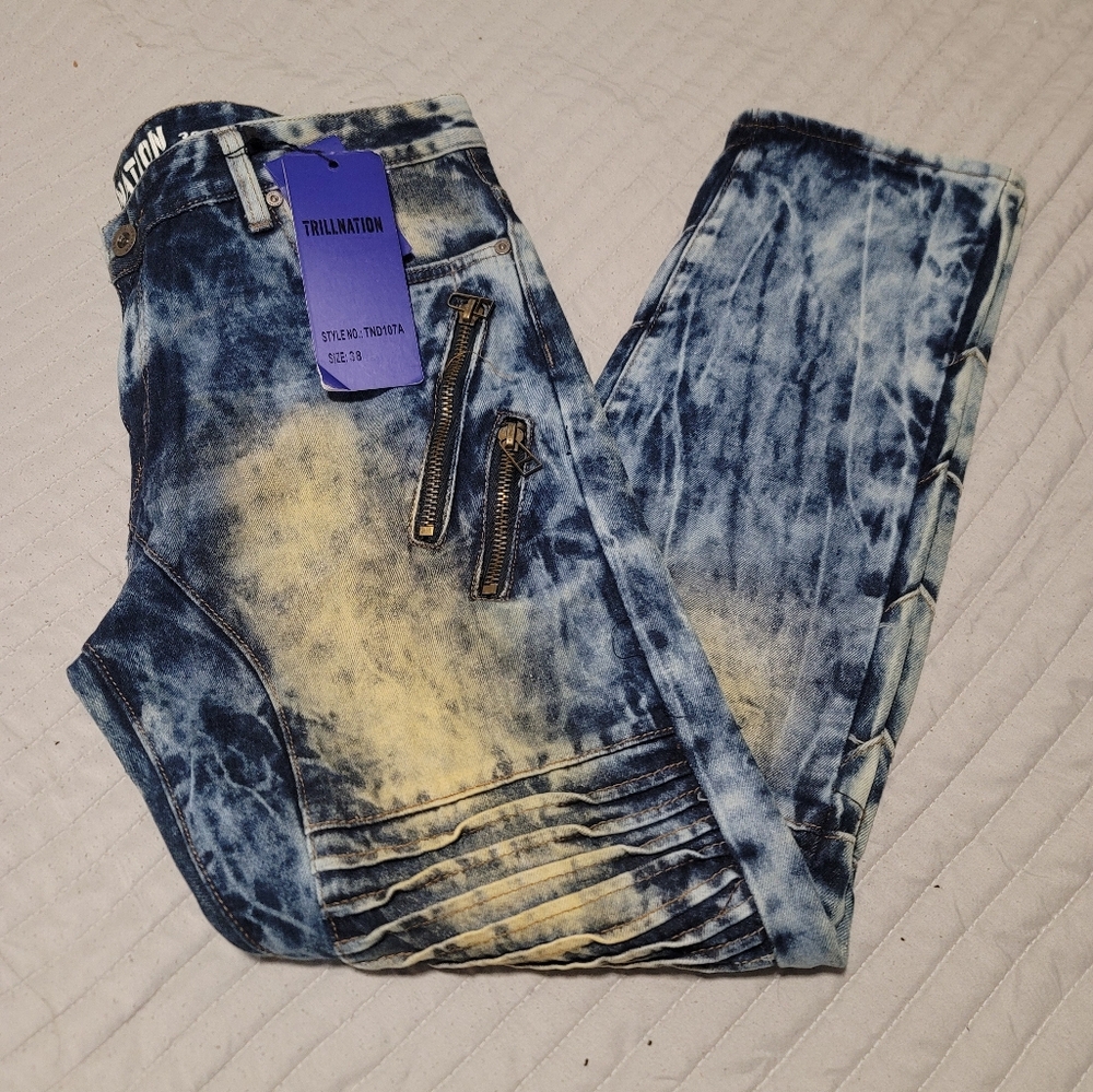 New Trillnation Men's Slim Fit Rocker Jeans Size 38x32 - Exotic Acid Wash Denim